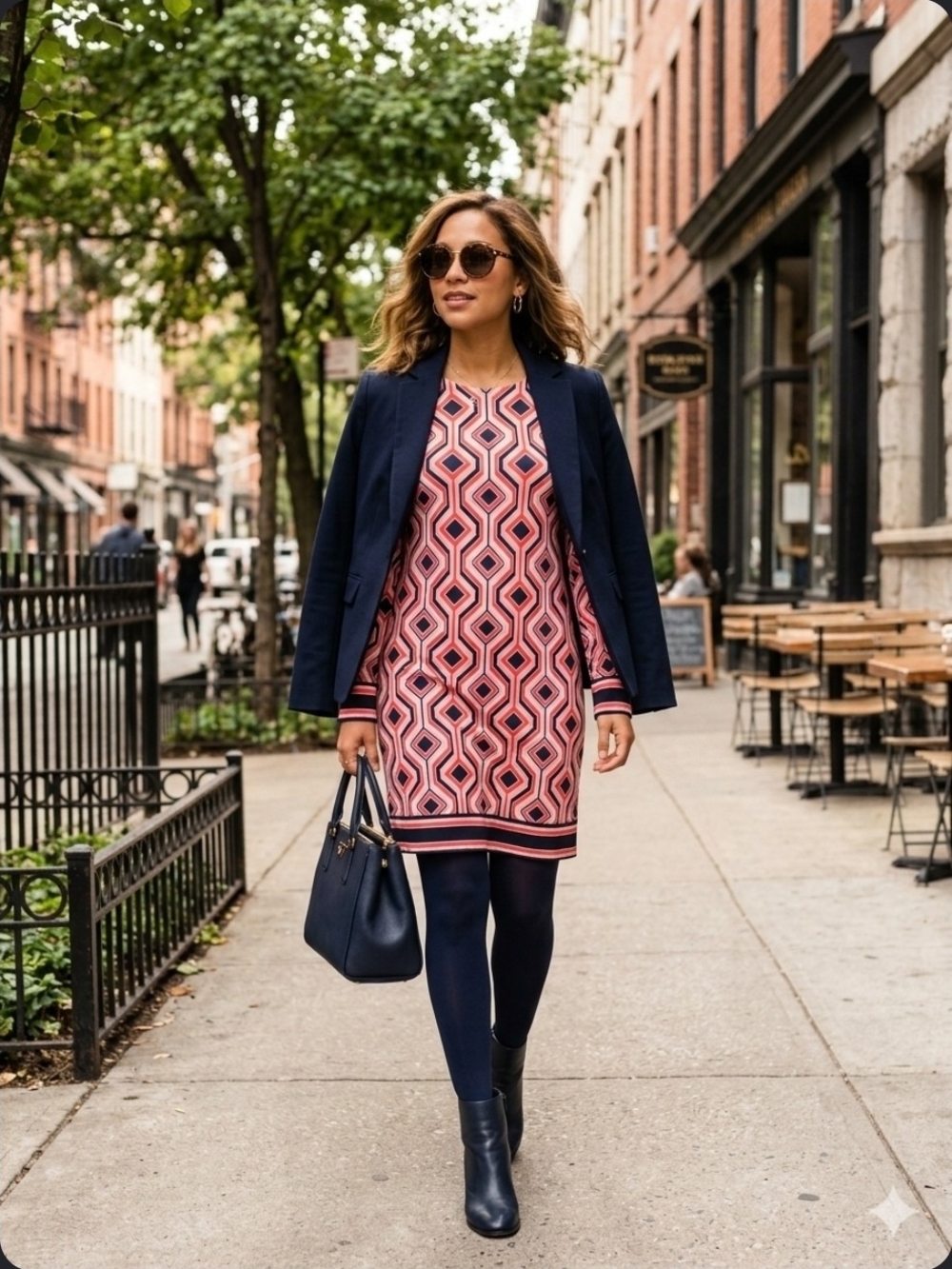 Michael Kors Pink Geometric Shift Dress with Navy Trim